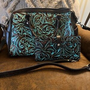 Patricia Nash Tooled Turquoise Skye Satchel with matching wallet